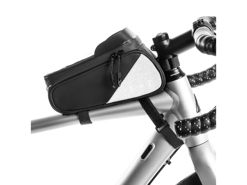 Side view of a black bicycle top tube bag attached to a silver bike frame.