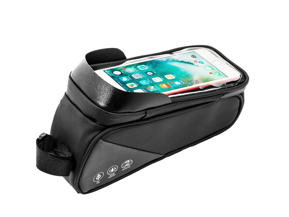 Bicycle top tube bag with a smartphone inside, isolated on a white background.