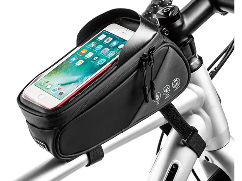 Reflective bicycle top tube bag mounted on a bike frame with a smartphone inside.