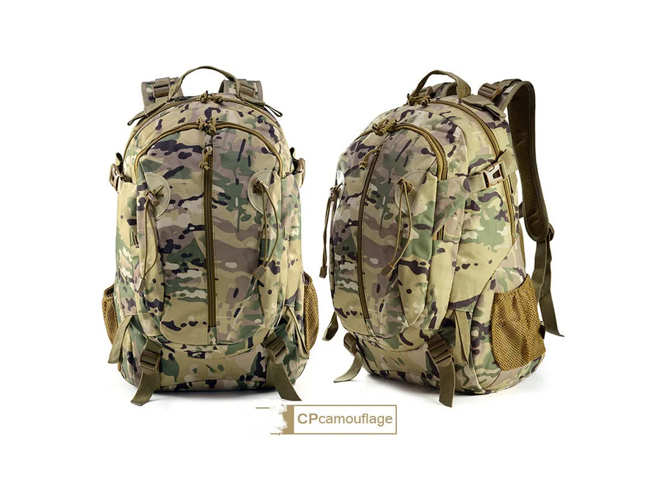 Tactical backpack in CP camouflage pattern, front and side view.