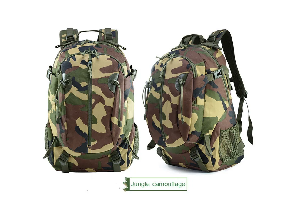 Tactical backpack in jungle camouflage pattern, front and side view.