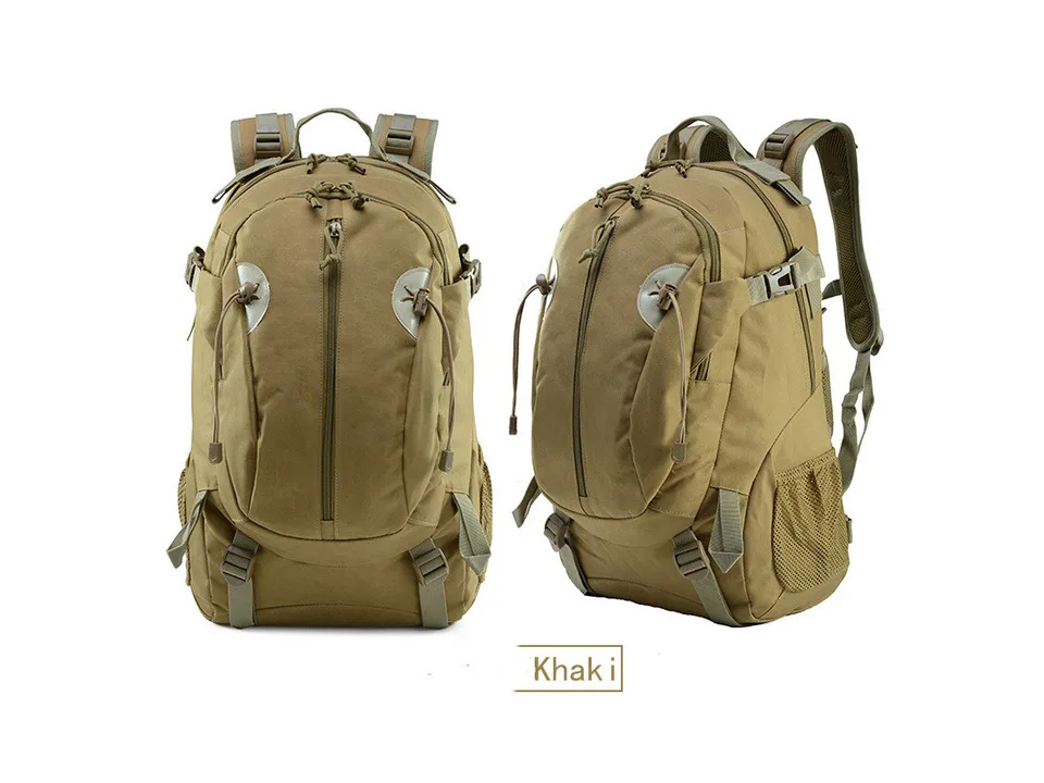 Tactical backpack in khaki, front and side view.