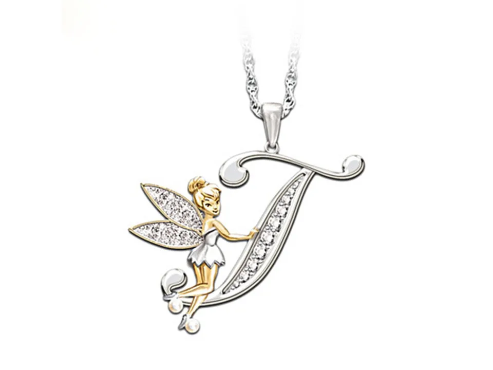 Silver and gold fairy initial pendant necklace letter T