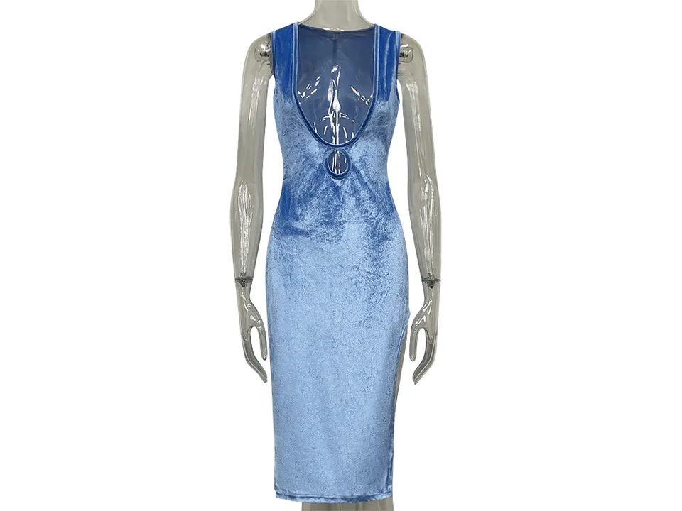 A blue sleeveless midi dress with a deep V-neck and side split on a mannequin.