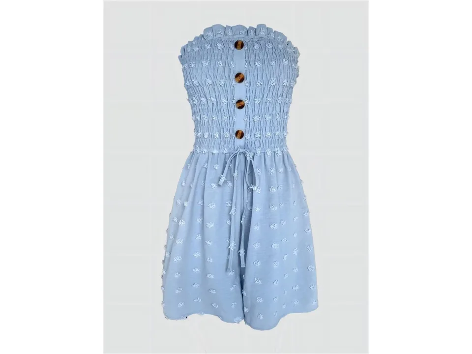 Light blue strapless jumpsuit with smocked bodice and button detail.