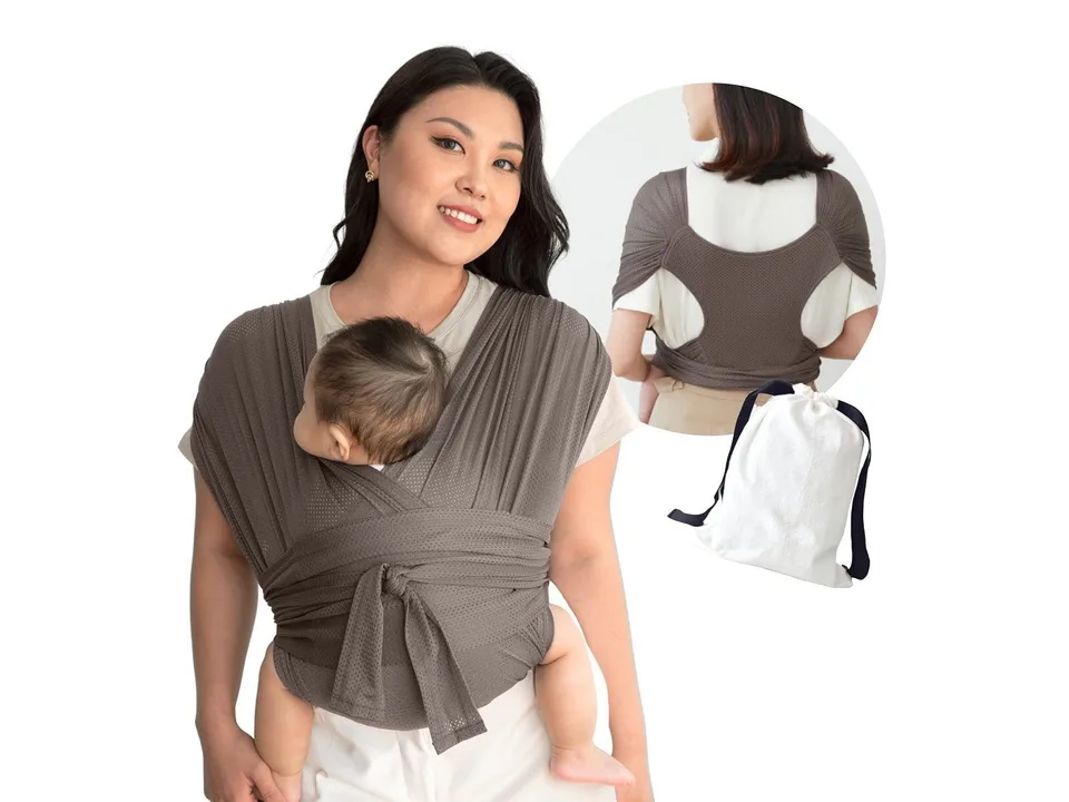 A woman wearing a brown baby sling carrier with a baby, showing front and back views and a storage bag.