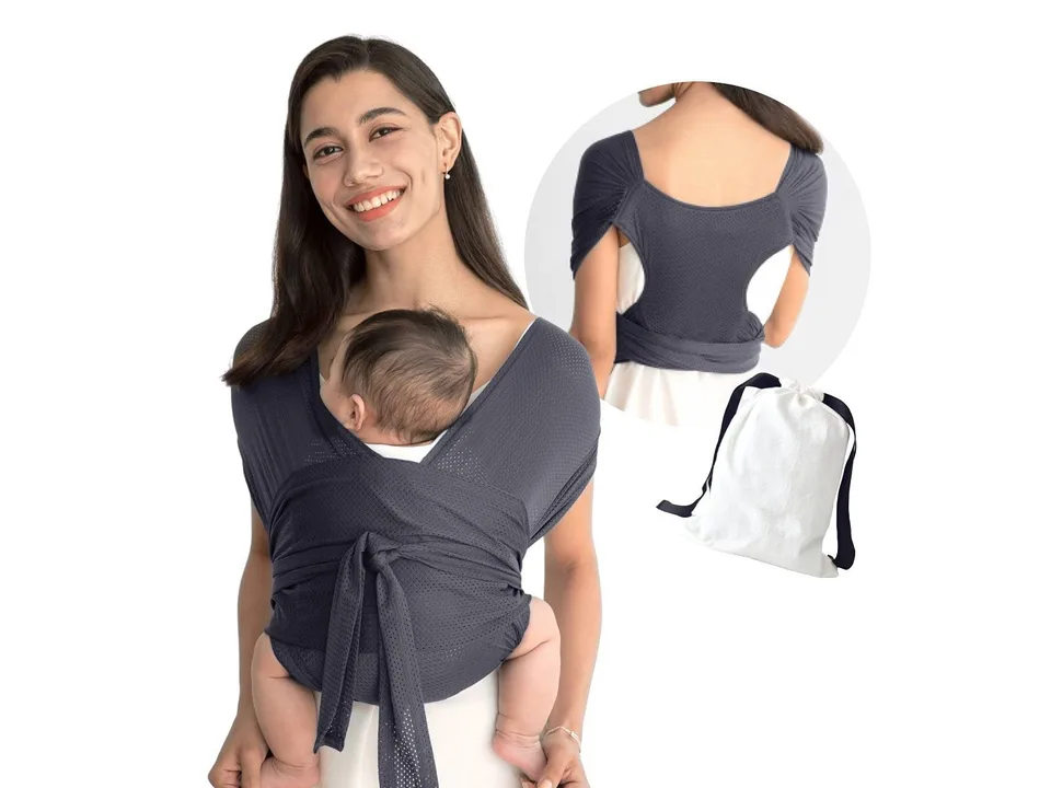 A woman wearing a dark grey baby sling carrier with a baby, showing front and back views and a storage bag.