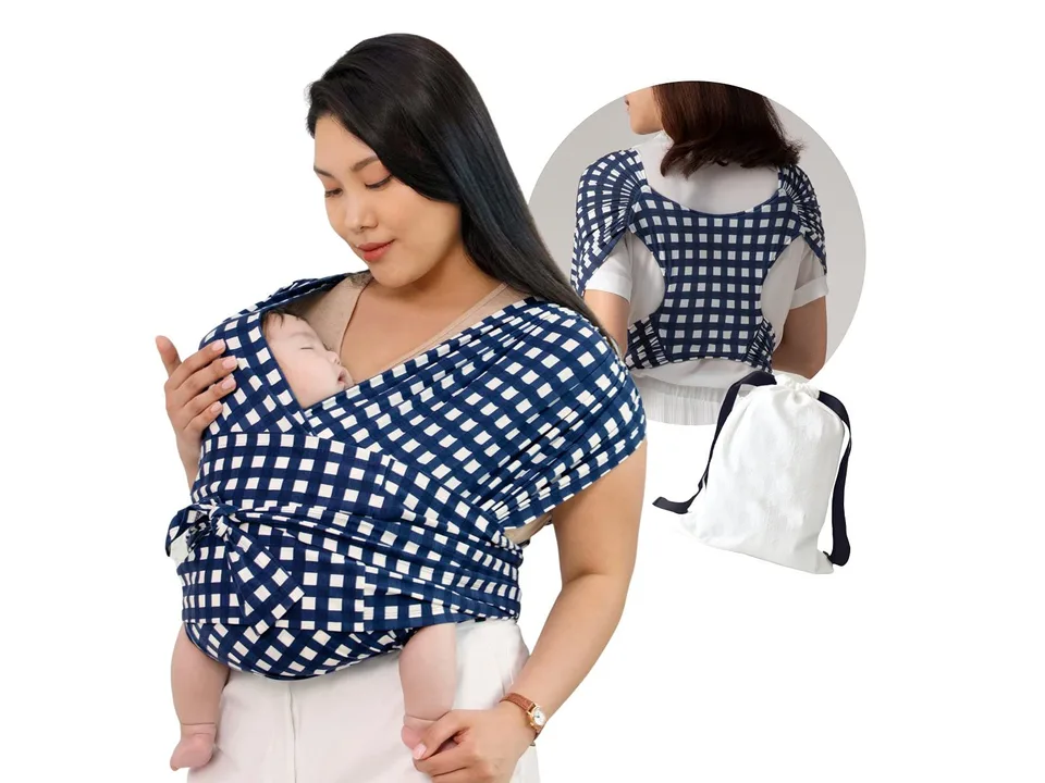 A woman wearing a blue and white checkered baby sling carrier with a baby, showing front and back views.