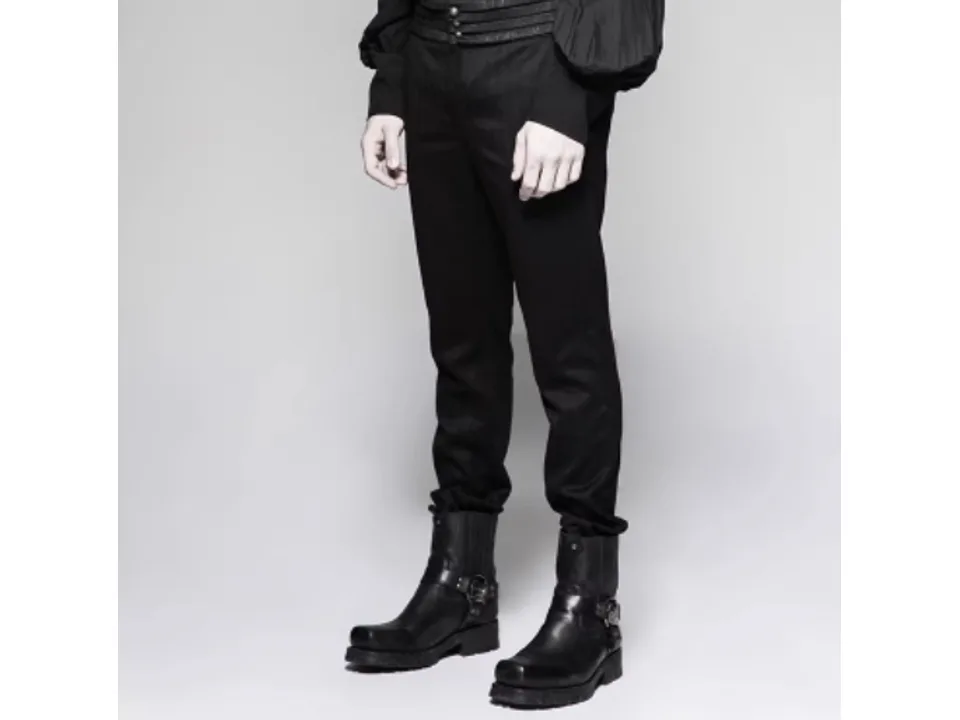 Side view of men's striped formal trousers on a model.