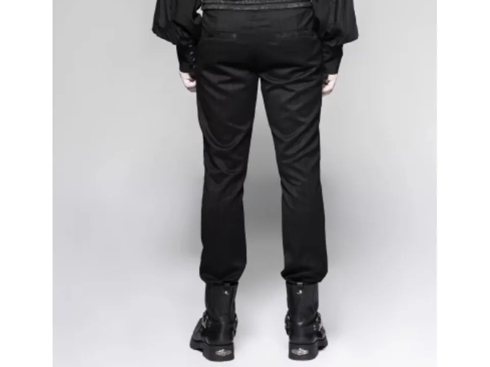 Back view of men's striped formal trousers on a model.