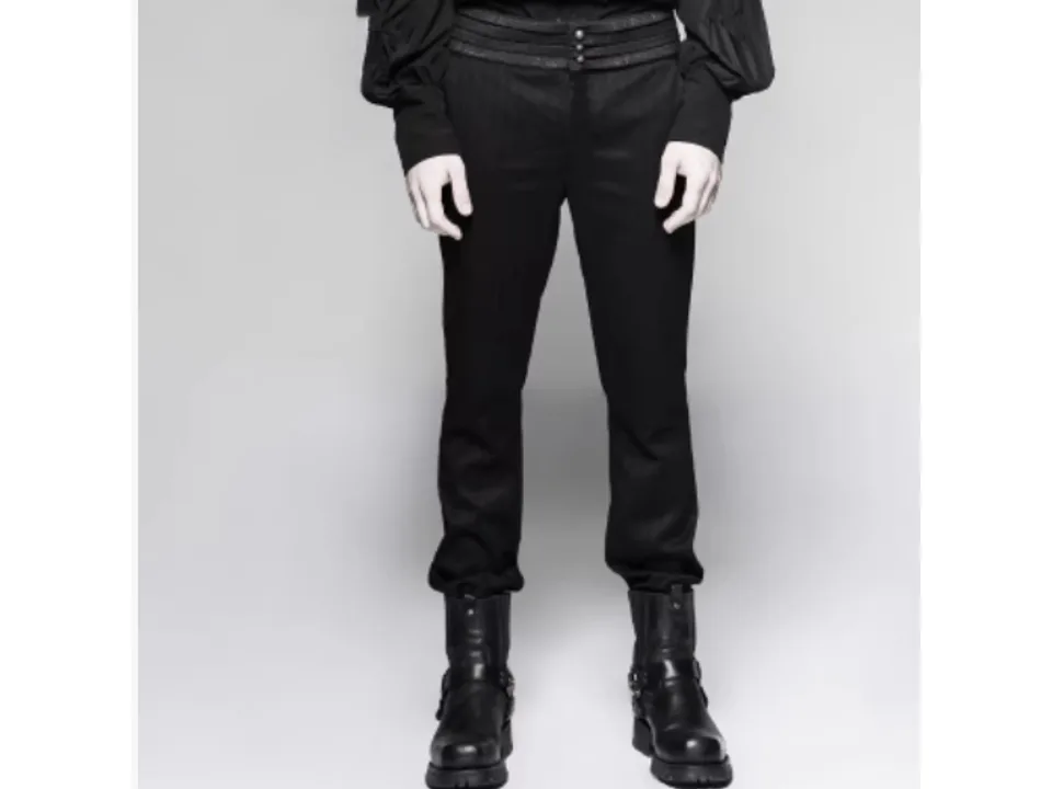 Front view of men's striped formal trousers on a model.