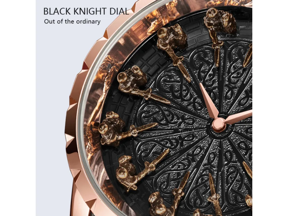 A detailed close-up of the watch dial featuring knight figures.