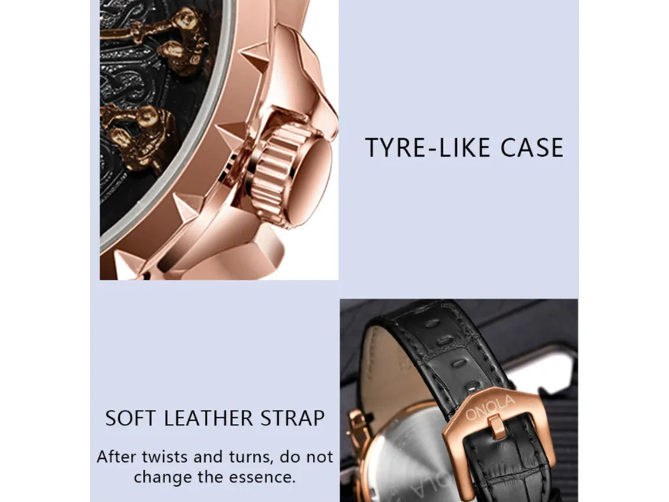 Close-up views of the watch case and the leather strap buckle.