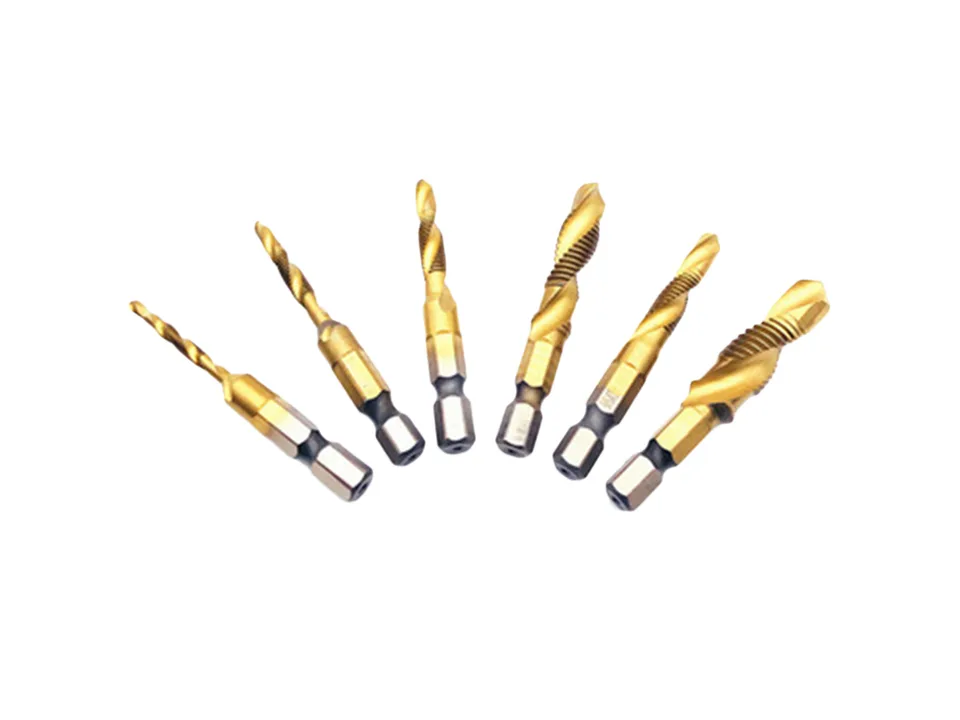 A set of six gold-colored metric hex shank drill and tap bits arranged in a fan shape.