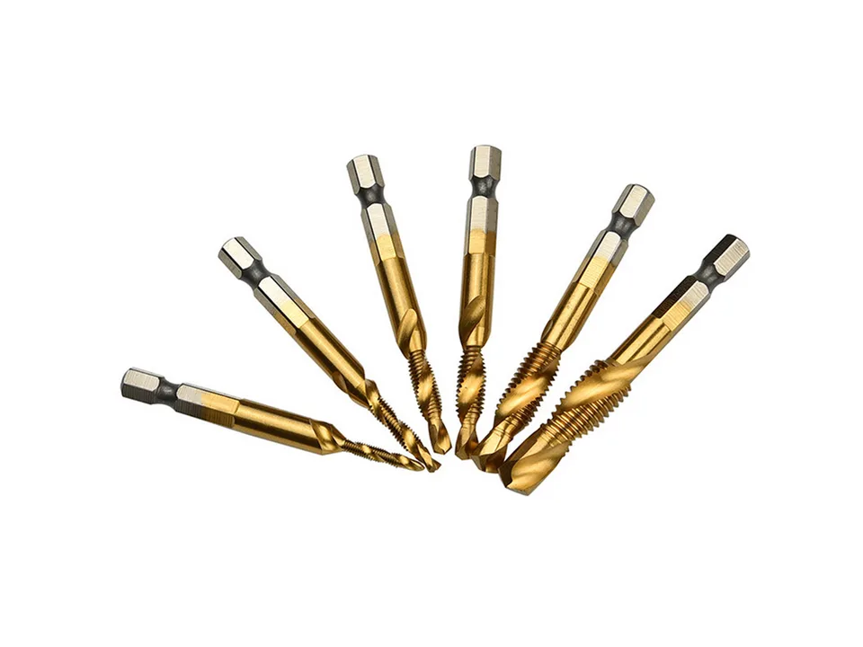 A set of six gold-colored metric hex shank drill and tap bits arranged in a fan shape.