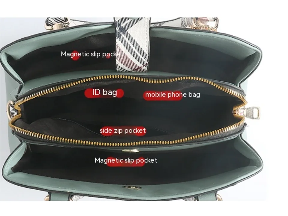 Interior view of the handbag showing multiple compartments and pockets.