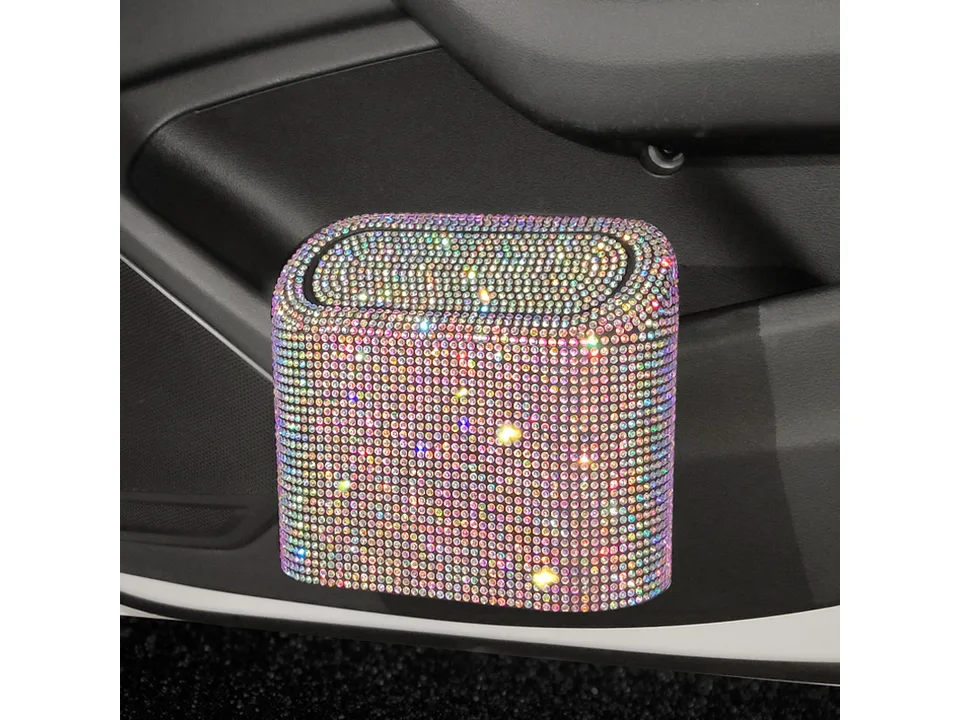 Iridescent rhinestone studded car trash can.