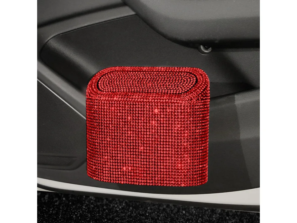 Red rhinestone studded car trash can.