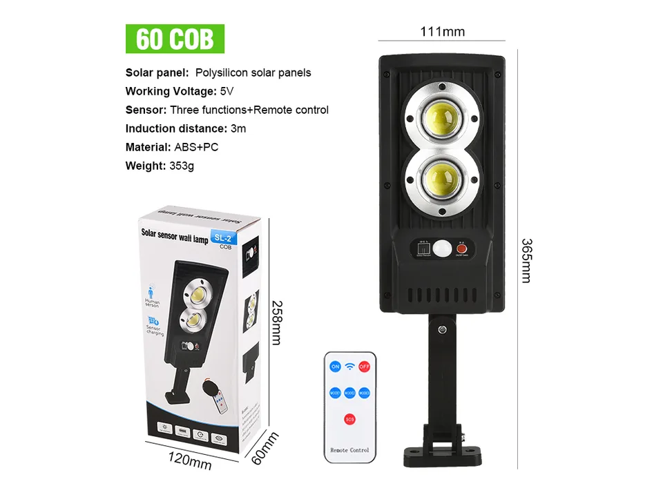 Solar street light with 60 COB LEDs, remote control, and packaging box with dimensions.