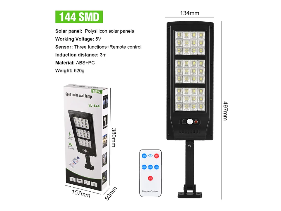 Solar street light with 144 SMD LEDs, remote control, and packaging box with dimensions.