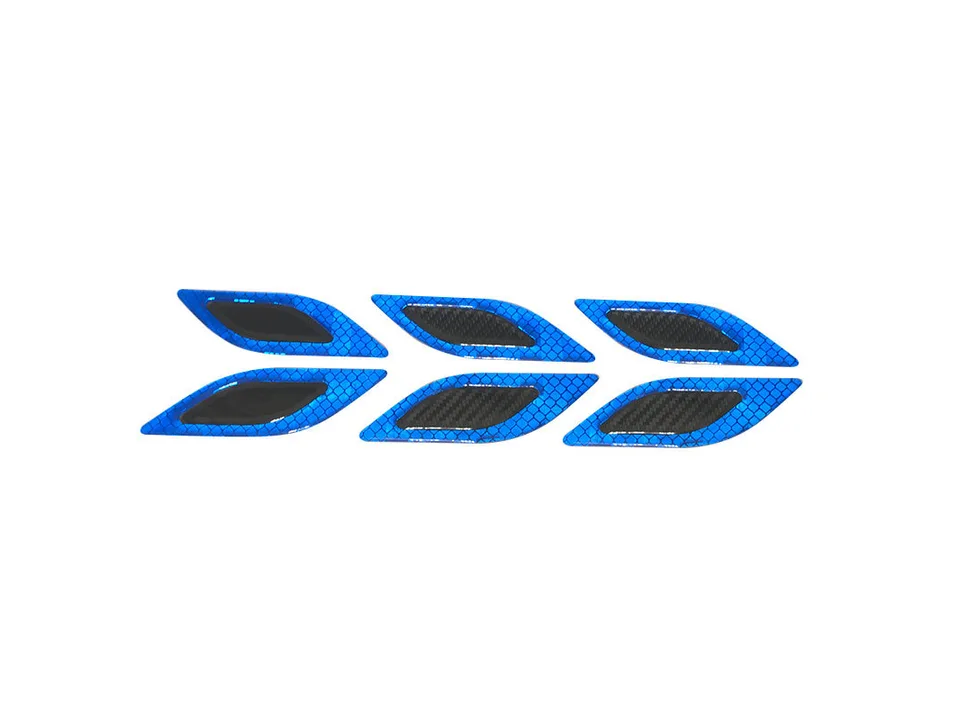 Six blue carbon fiber style car air vent stickers arranged in two rows.