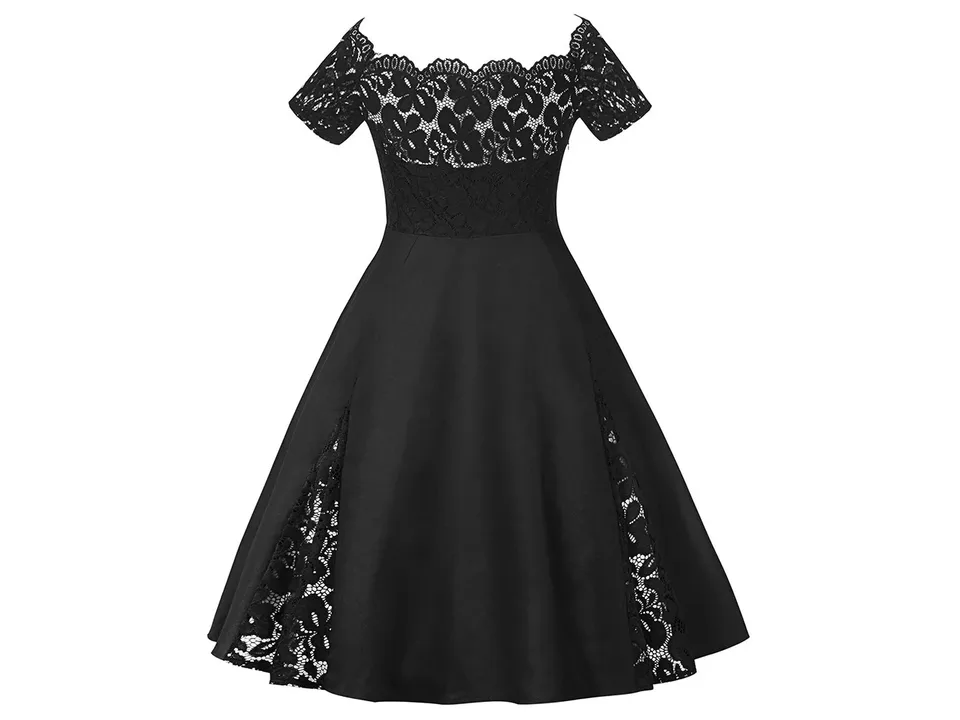 Black off-shoulder A-line midi dress with lace detail