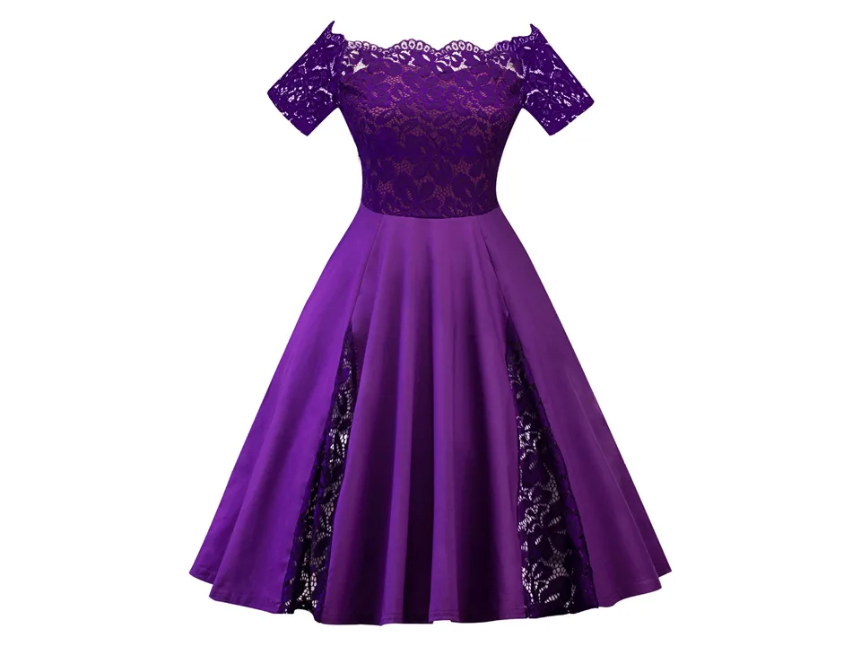 Purple off-shoulder A-line midi dress with lace detail