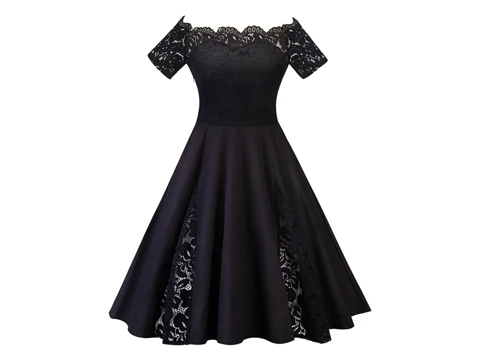 Black off-shoulder A-line midi dress with lace detail