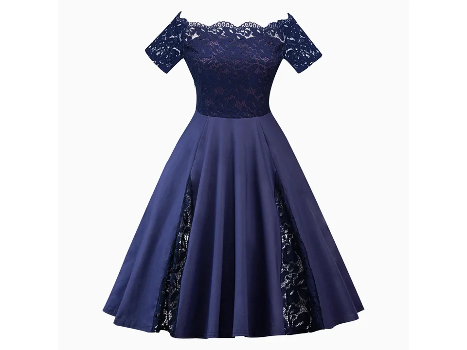 Navy blue off-shoulder A-line midi dress with lace detail