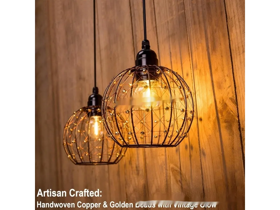 Close-up of the beaded metal cage pendant light.