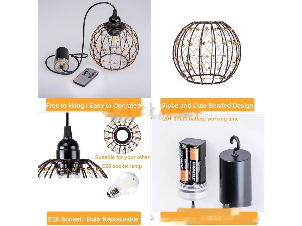 Collage showing the pendant light, remote, bulb, and battery compartment.