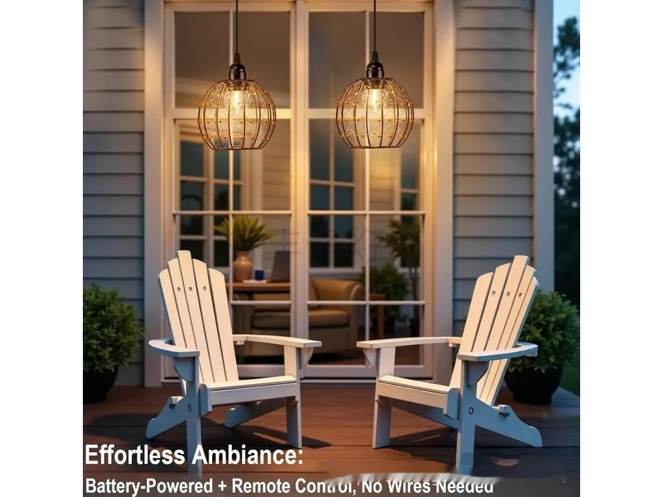 Two pendant lights hanging over a patio seating area.