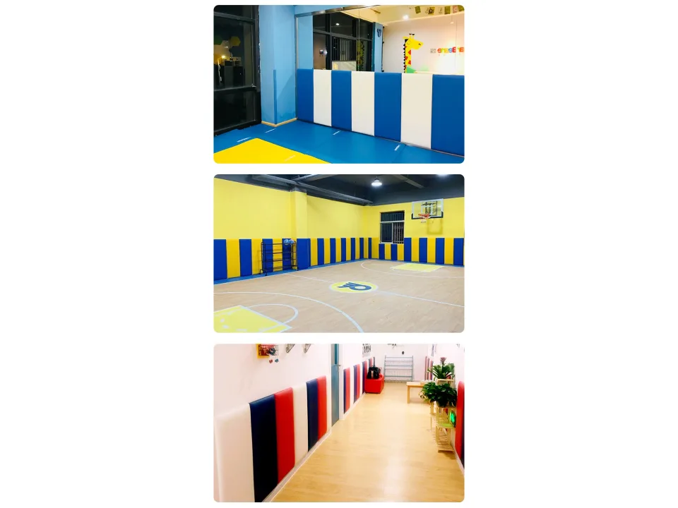 Blue and white padded wall panels installed in a children's play area.