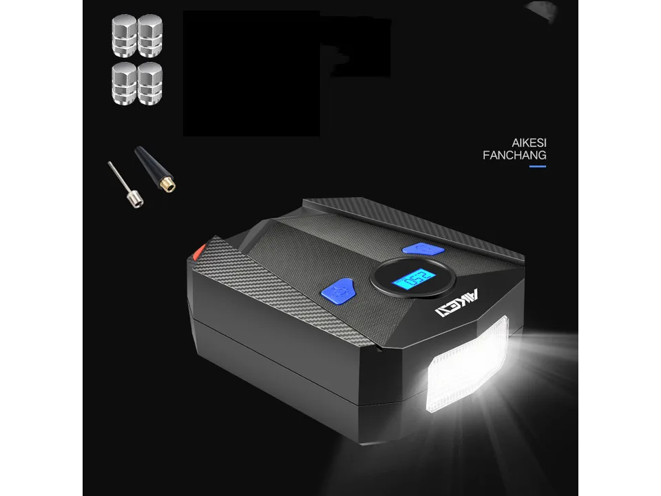Portable car tire inflator with digital display, LED light, and included valve caps and needles.