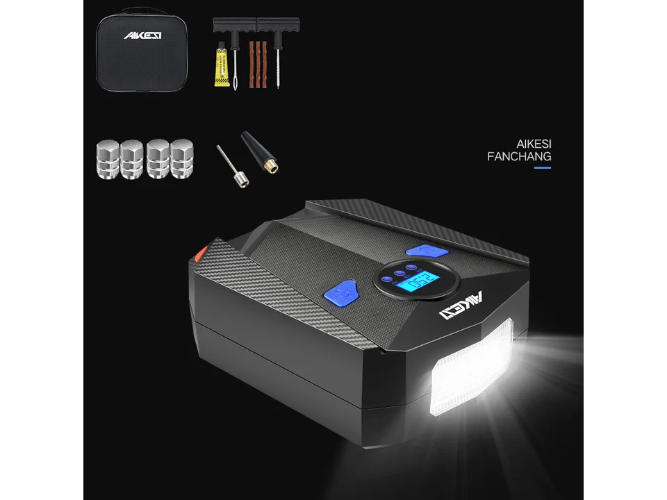 Portable car tire inflator with digital display, LED light, and all included accessories and carrying case.