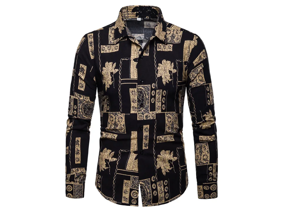 Front view of a men's long-sleeve button-down shirt with a black and gold geometric and floral print.