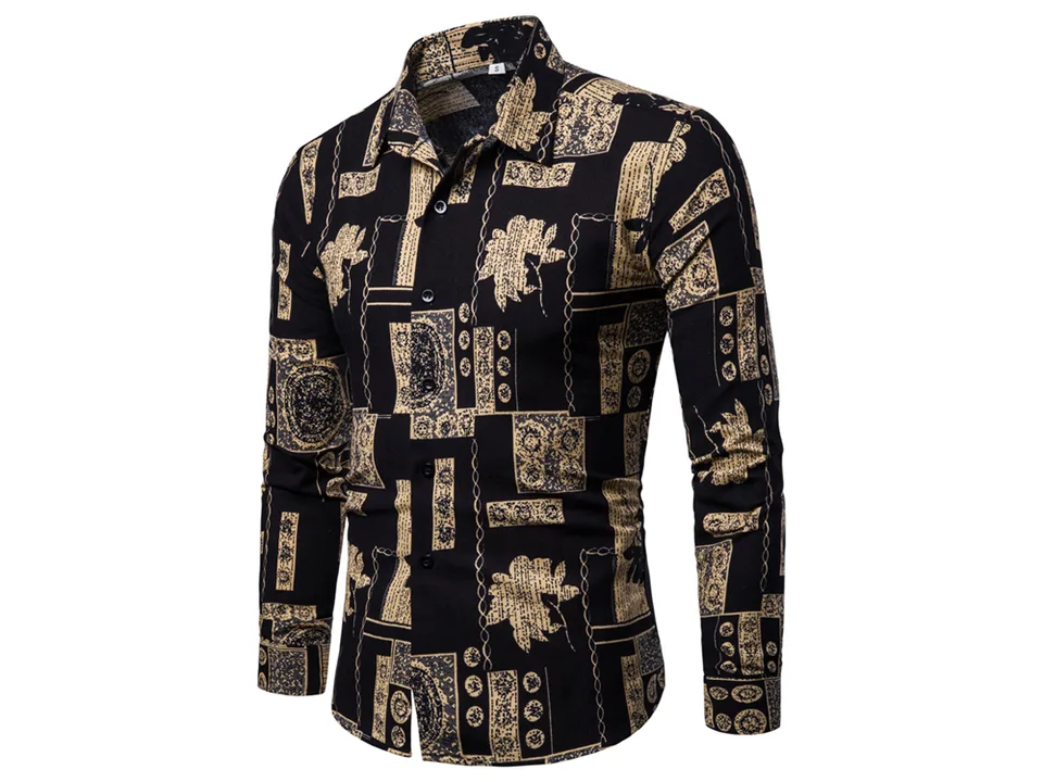 Angled view of the black and gold patterned long-sleeve shirt.