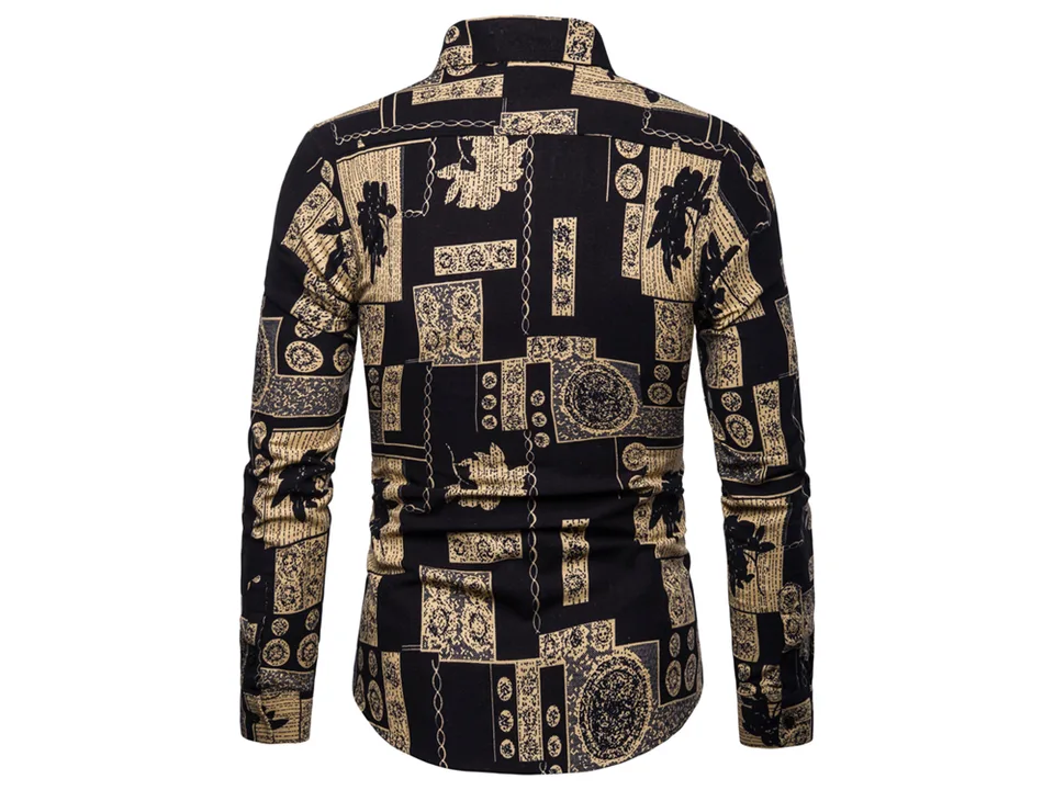 Back view of the black and gold patterned long-sleeve shirt.