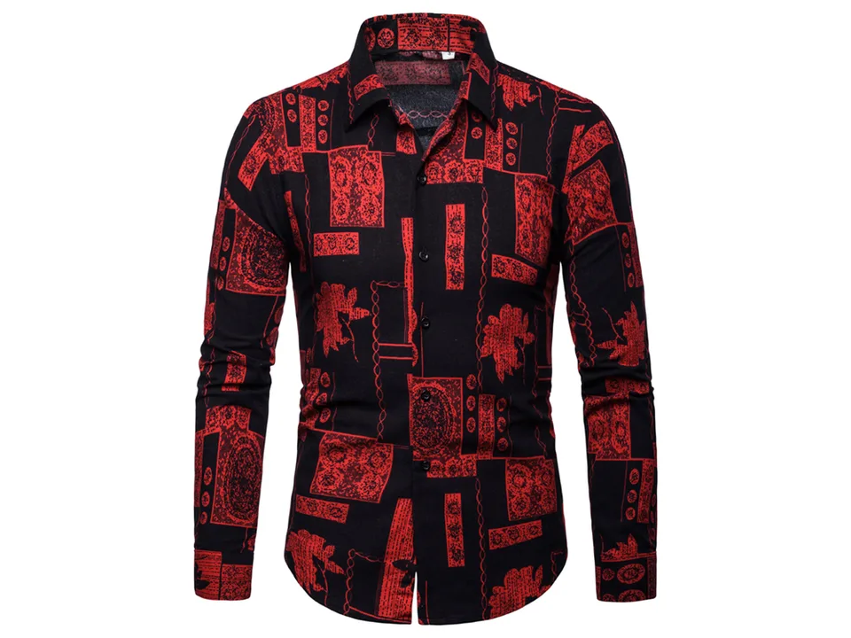 Front view of a men's long-sleeve button-down shirt with a black and red geometric and floral print.