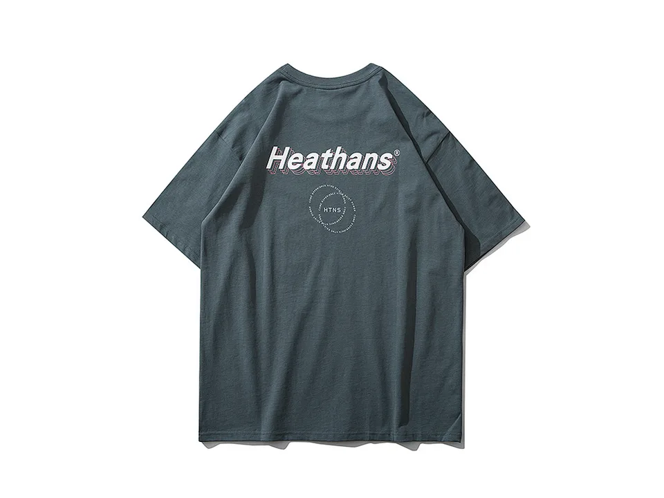 Back view of a grey t-shirt with a circular logo and text graphic.