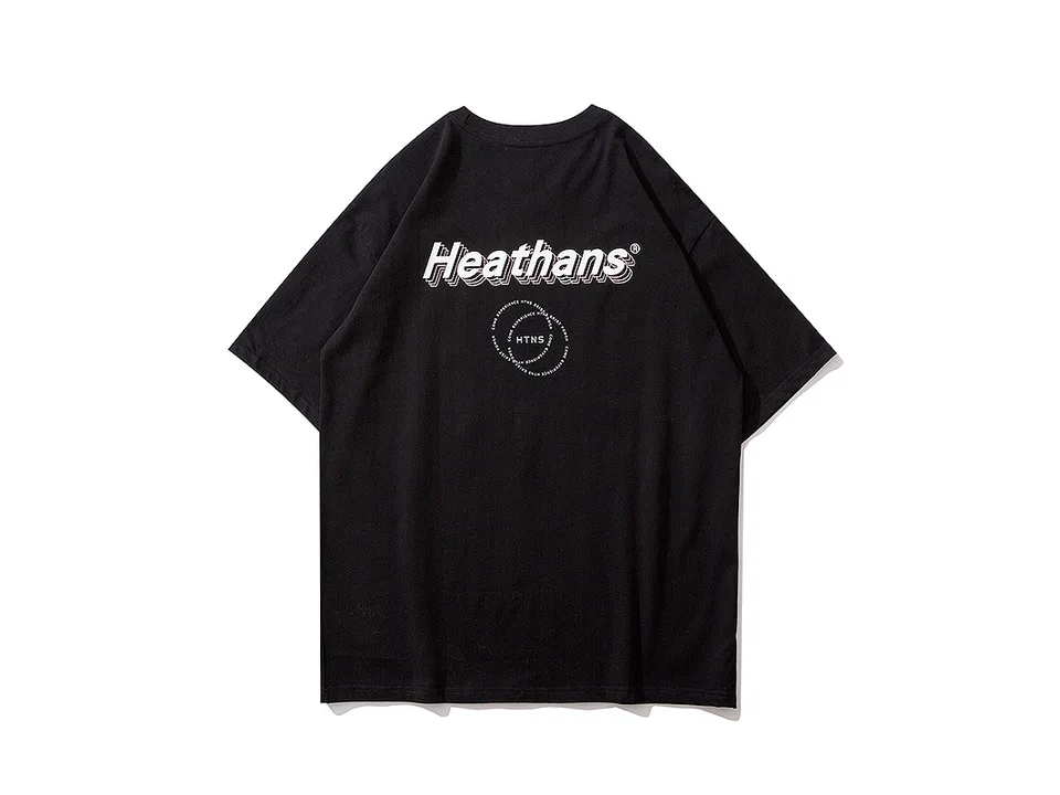 Back view of a black t-shirt with a circular logo and text graphic.