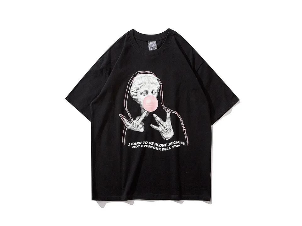 Front view of a black t-shirt featuring a graphic of a statue blowing a bubblegum bubble.