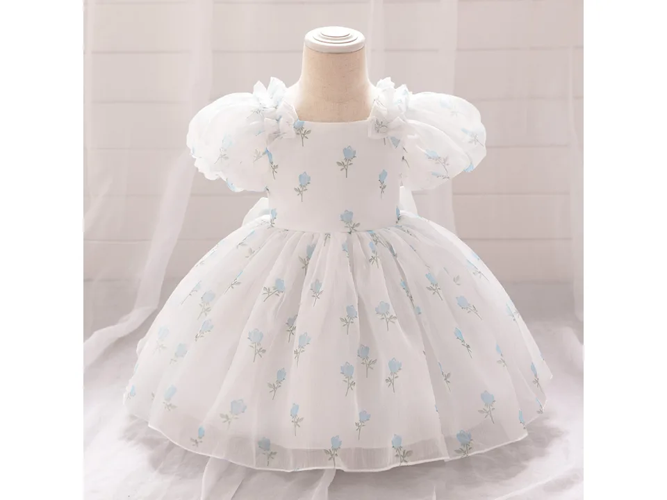 Front view of a white dress with blue floral print and puff sleeves on a mannequin.