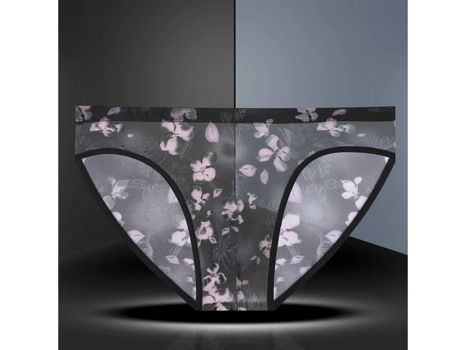 Black and pink floral print men's mesh briefs