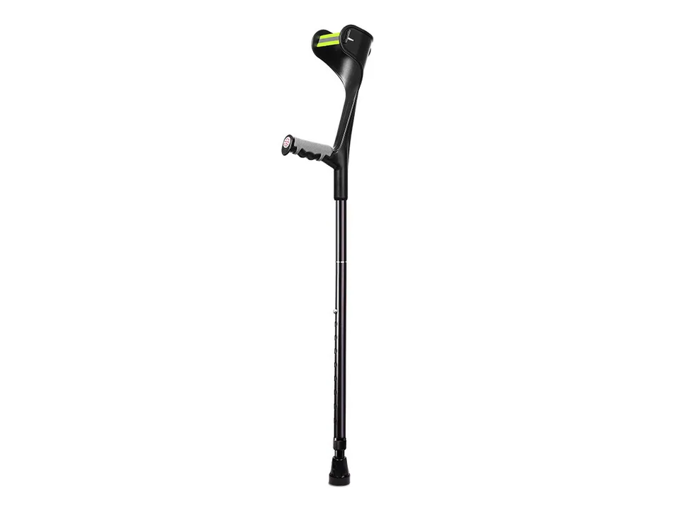 A black adjustable forearm crutch with a grey handle and reflective strip.