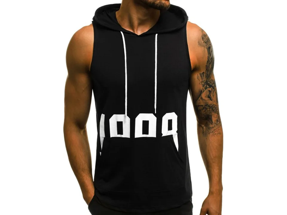A man wearing a black sleeveless hooded tank top with a white graphic print.