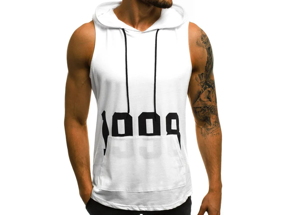 A man wearing a white sleeveless hooded tank top with a black graphic print.