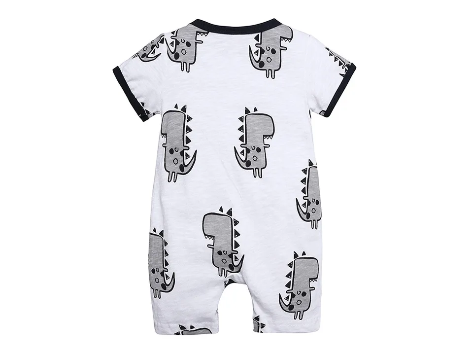 Back view of a white baby romper with a grey dinosaur print and black trim.