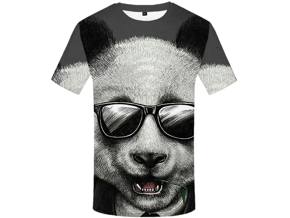 A t-shirt featuring a graphic print of a panda wearing sunglasses.