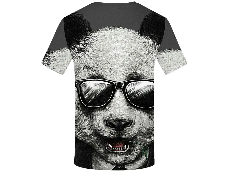A t-shirt featuring a graphic print of a panda wearing sunglasses.